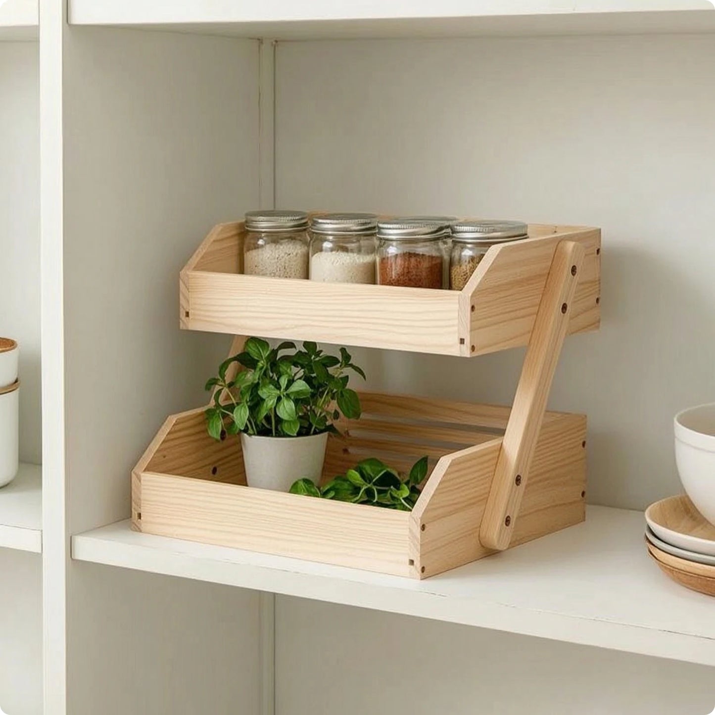 Kitchen Countertop Organizer Ventilated Kitchen Rack with Trays Wooden Storage Rack Open-Front Countertop Organizer Space-Saving