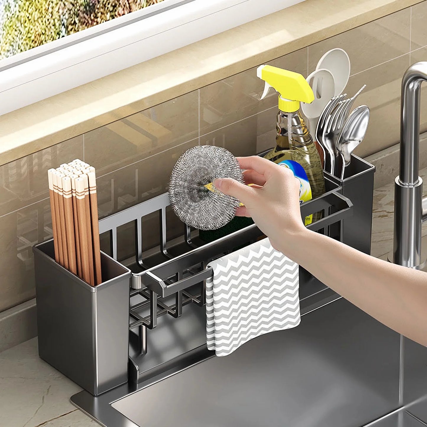 Kitchen Sink Organiser,Kitchen Sponge Holder With Brush Holder,Rag Drain Rack, Bathroom Organizer, Sink Faucet Rack