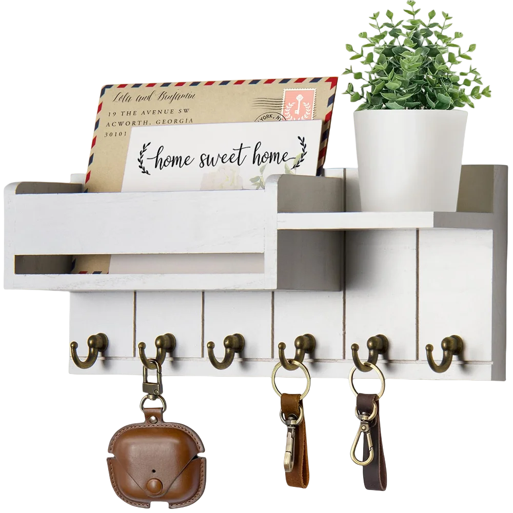 Rustic Wooden Wall Shelf with 6 Hooks