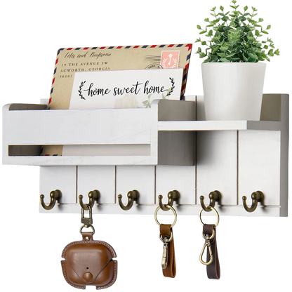Rustic Wooden Wall Shelf with 6 Hooks