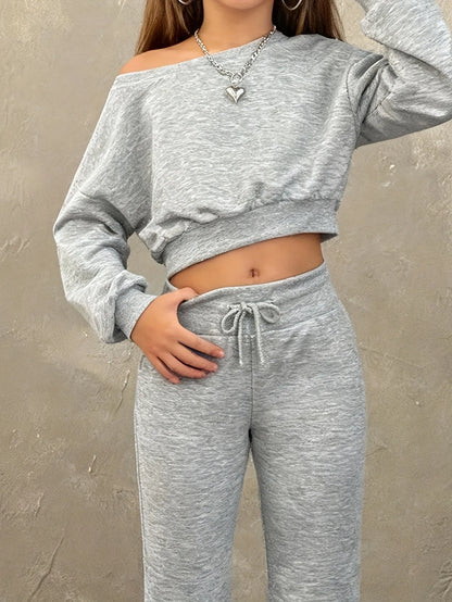 Girls' Autumn Outfit Set: Girl's Off-Shoulder Long-Sleeve Top + Long Pants Two-Piece Set, Children's Gray Suit Suitable for Girls Aged 5-13, Versatile Clothing for Home and Outings