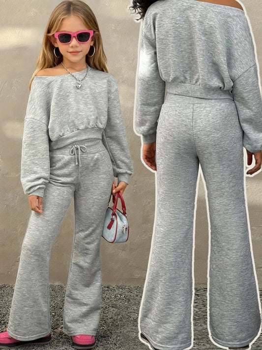 Girls' Autumn Outfit Set: Girl's Off-Shoulder Long-Sleeve Top + Long Pants Two-Piece Set, Children's Gray Suit Suitable for Girls Aged 5-13, Versatile Clothing for Home and Outings