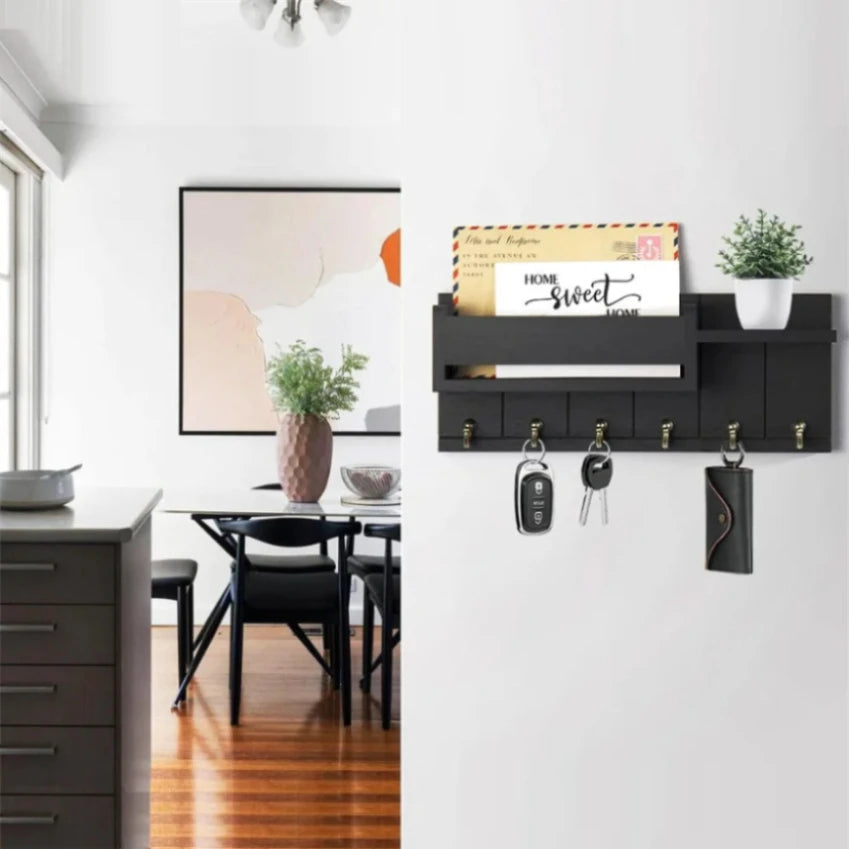 Rustic Wooden Wall Shelf with 6 Hooks