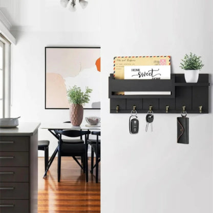 Rustic Wooden Wall Shelf with 6 Hooks