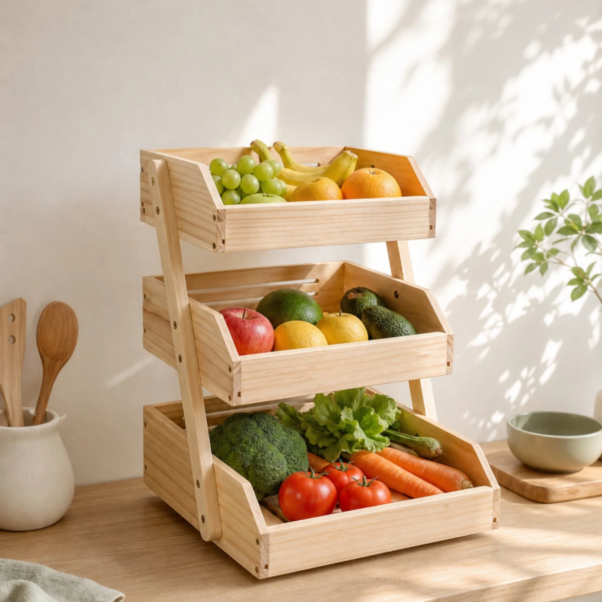 Kitchen Countertop Organizer Ventilated Kitchen Rack with Trays Wooden Storage Rack Open-Front Countertop Organizer Space-Saving