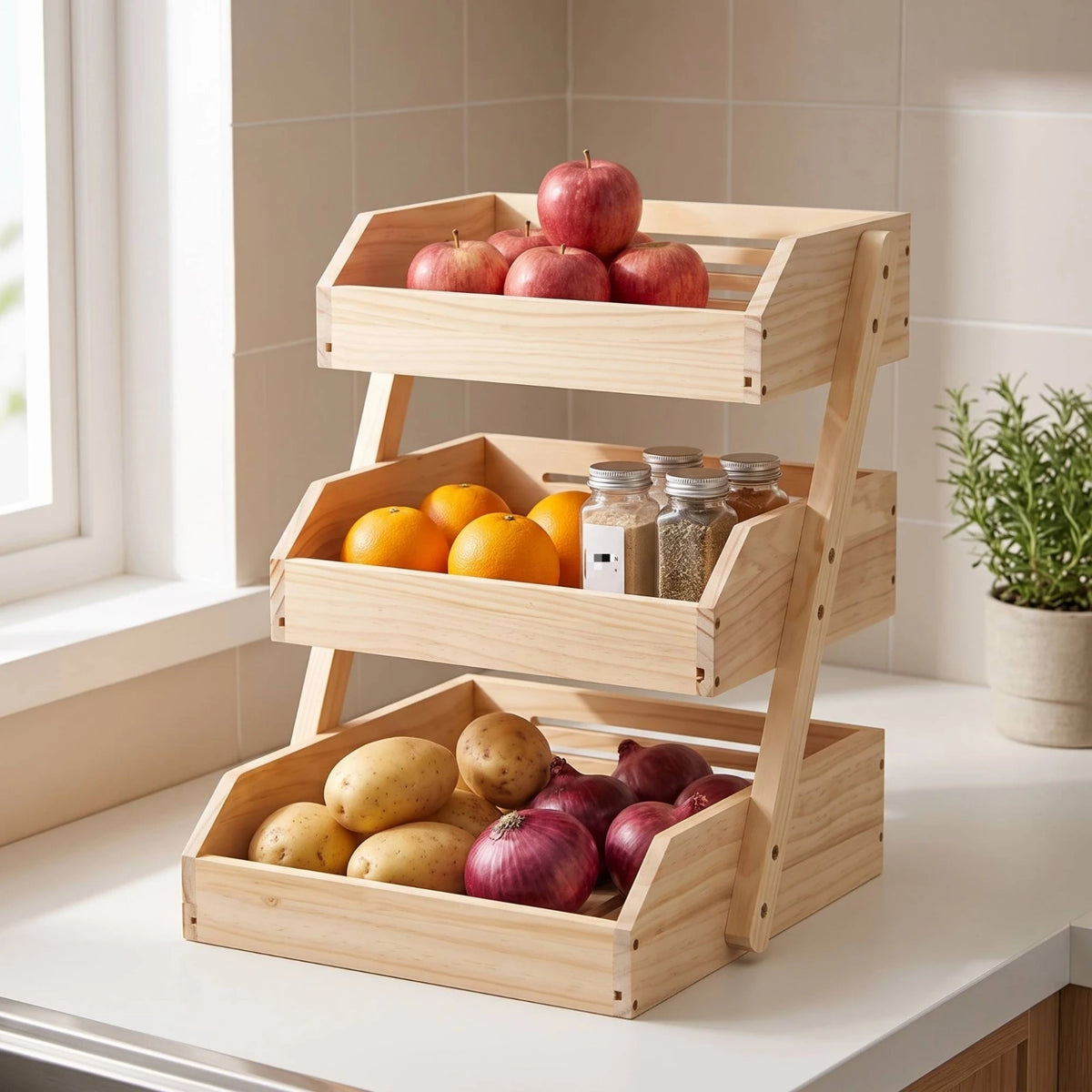Kitchen Countertop Organizer Ventilated Kitchen Rack with Trays Wooden Storage Rack Open-Front Countertop Organizer Space-Saving