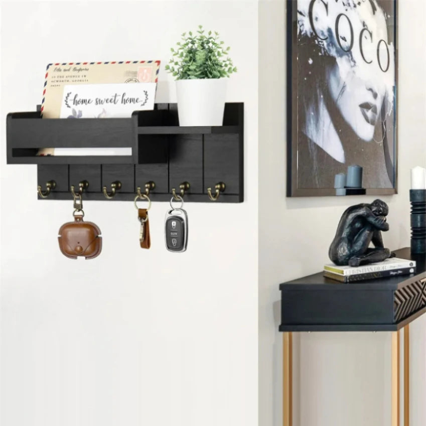 Rustic Wooden Wall Shelf with 6 Hooks
