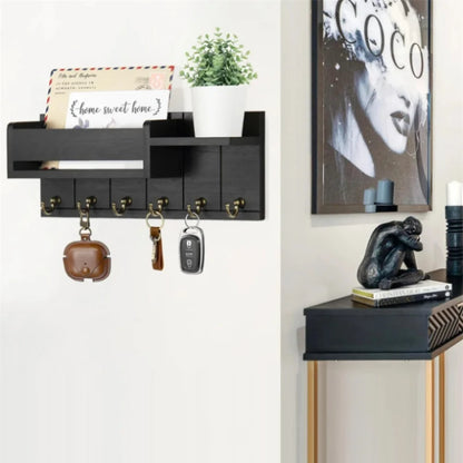 Rustic Wooden Wall Shelf with 6 Hooks