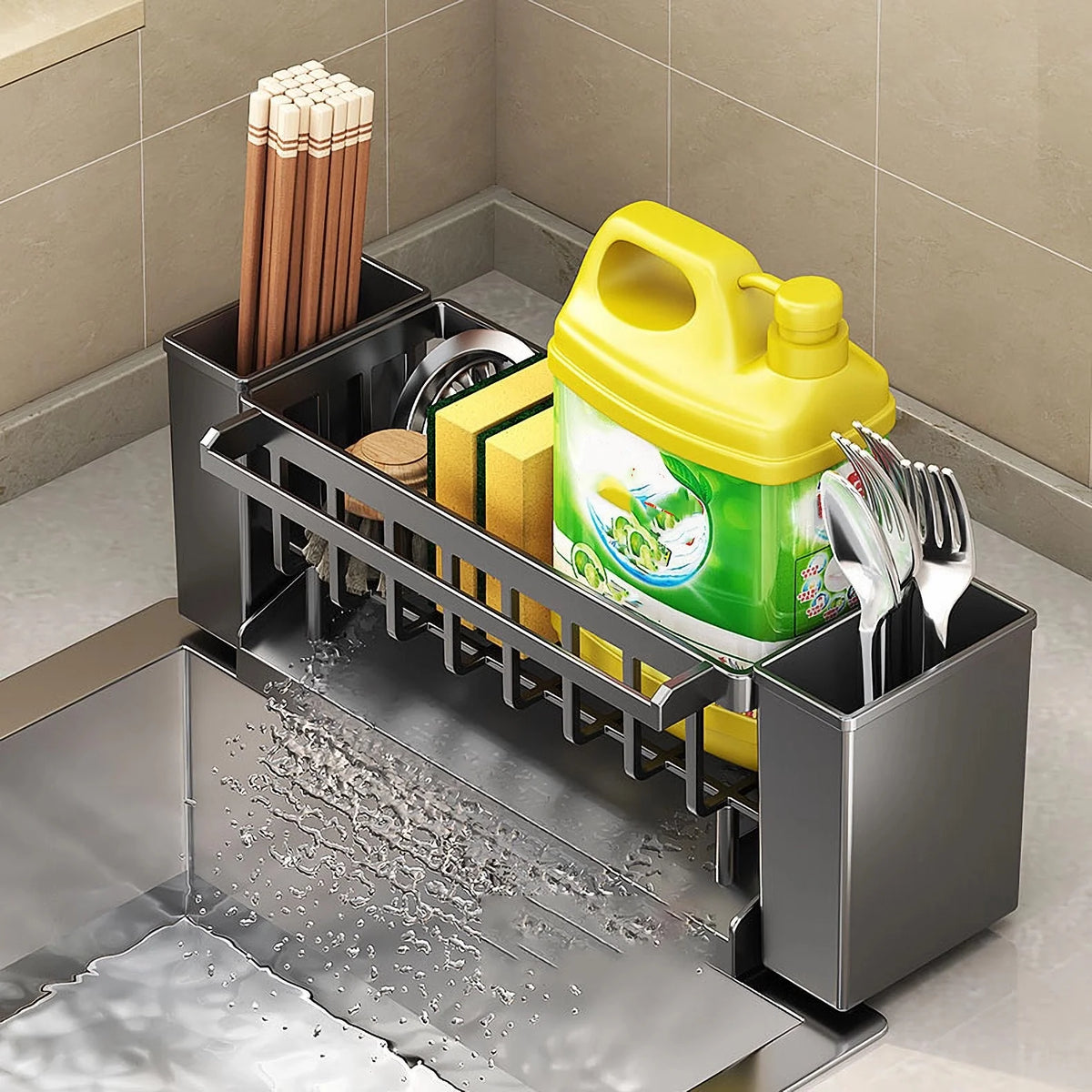 Kitchen Sink Organiser,Kitchen Sponge Holder With Brush Holder,Rag Drain Rack, Bathroom Organizer, Sink Faucet Rack