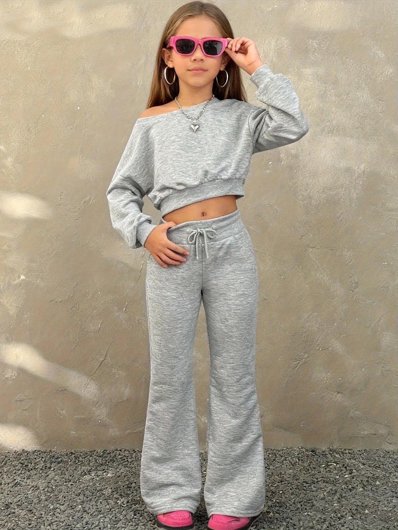 Girls' Autumn Outfit Set: Girl's Off-Shoulder Long-Sleeve Top + Long Pants Two-Piece Set, Children's Gray Suit Suitable for Girls Aged 5-13, Versatile Clothing for Home and Outings