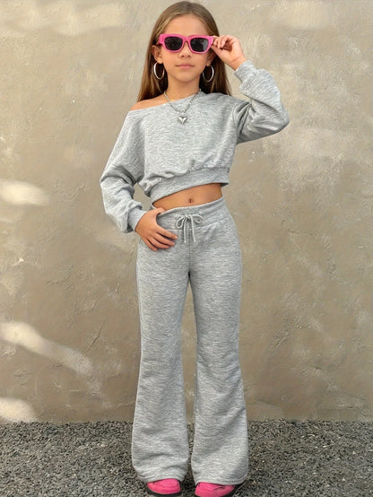 Girls' Autumn Outfit Set: Girl's Off-Shoulder Long-Sleeve Top + Long Pants Two-Piece Set, Children's Gray Suit Suitable for Girls Aged 5-13, Versatile Clothing for Home and Outings