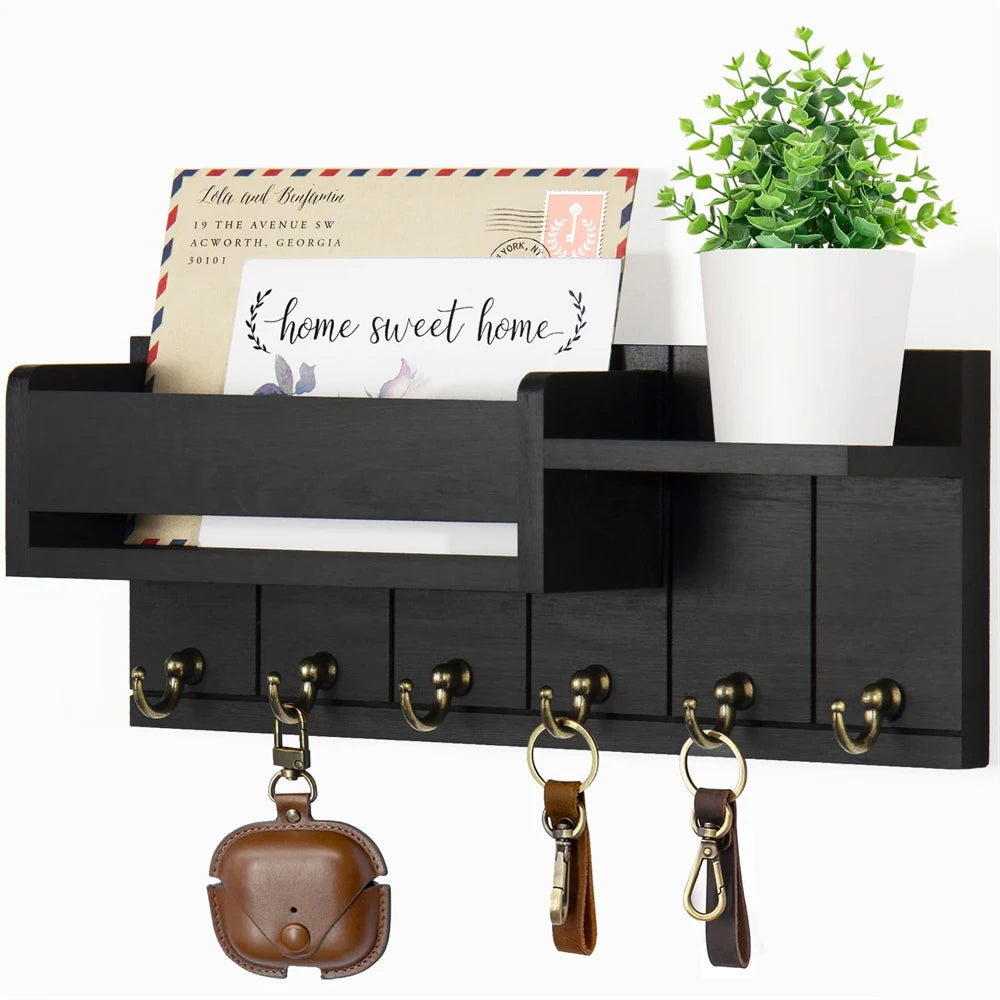 Rustic Wooden Wall Shelf with 6 Hooks