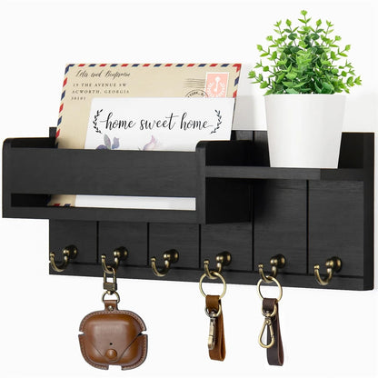 Rustic Wooden Wall Shelf with 6 Hooks