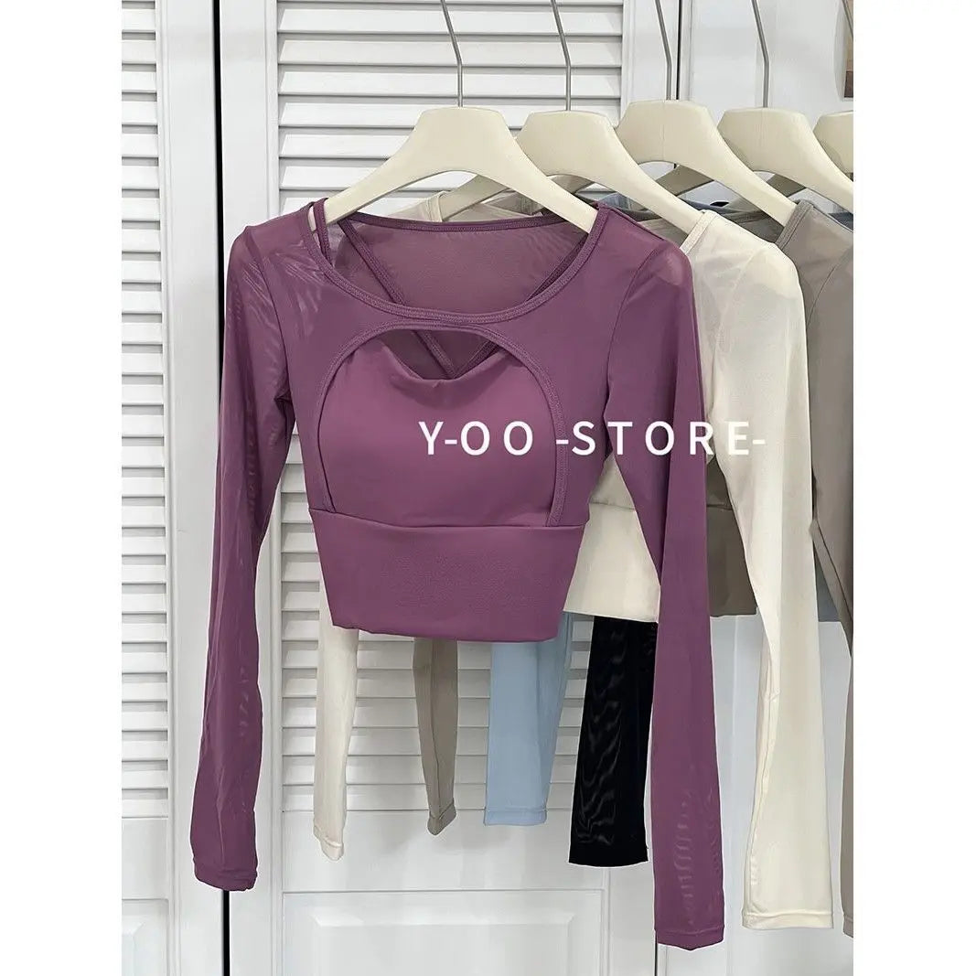 Women's Hollow-Out Long Sleeve Yoga Top with Chest Pad