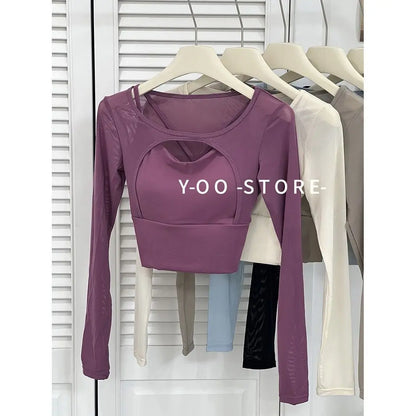 Women's Hollow-Out Long Sleeve Yoga Top with Chest Pad