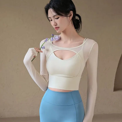 Women's Hollow-Out Long Sleeve Yoga Top with Chest Pad