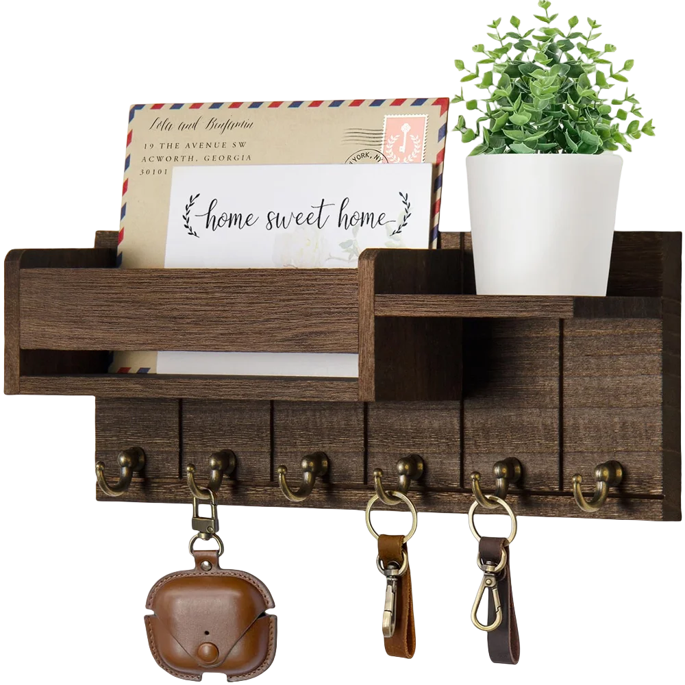 Rustic Wooden Wall Shelf with 6 Hooks