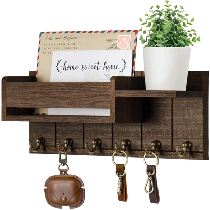 Rustic Wooden Wall Shelf with 6 Hooks