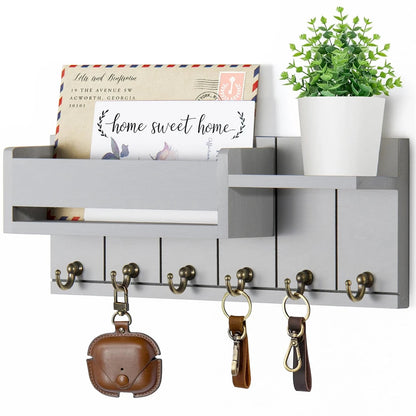 Rustic Wooden Wall Shelf with 6 Hooks