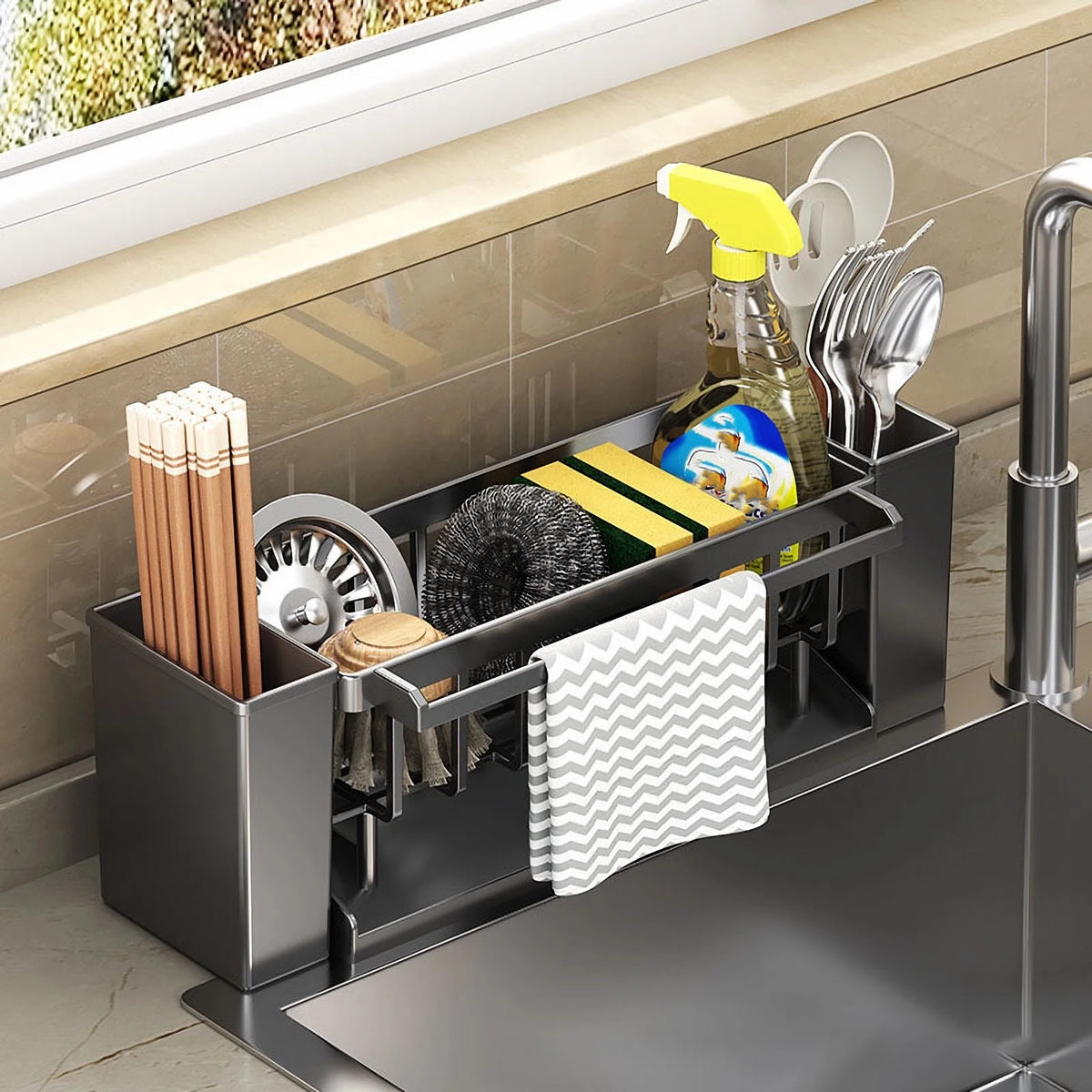 Kitchen Sink Organiser,Kitchen Sponge Holder With Brush Holder,Rag Drain Rack, Bathroom Organizer, Sink Faucet Rack