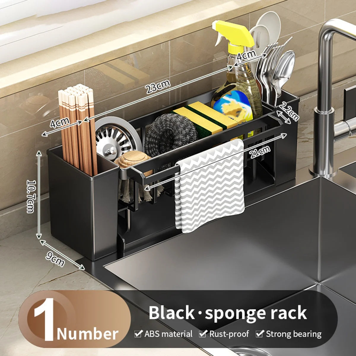 Kitchen Sink Organiser,Kitchen Sponge Holder With Brush Holder,Rag Drain Rack, Bathroom Organizer, Sink Faucet Rack