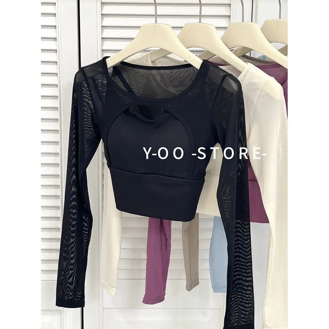 Women's Hollow-Out Long Sleeve Yoga Top with Chest Pad
