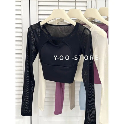 Women's Hollow-Out Long Sleeve Yoga Top with Chest Pad