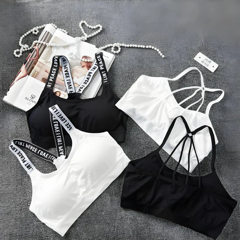 Sports Underwear Women Yoga Fitness Seamless Crop Top Wide Letter Straps Comfortable Workout Activewear Back Without Underwire