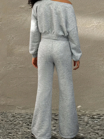 Girls' Autumn Outfit Set: Girl's Off-Shoulder Long-Sleeve Top + Long Pants Two-Piece Set, Children's Gray Suit Suitable for Girls Aged 5-13, Versatile Clothing for Home and Outings