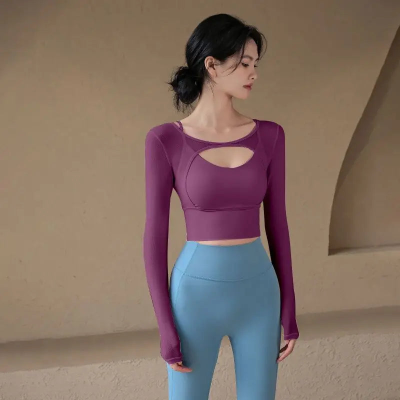 Women's Hollow-Out Long Sleeve Yoga Top with Chest Pad