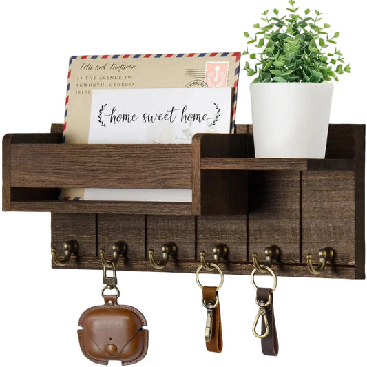 Rustic Wooden Wall Shelf with 6 Hooks