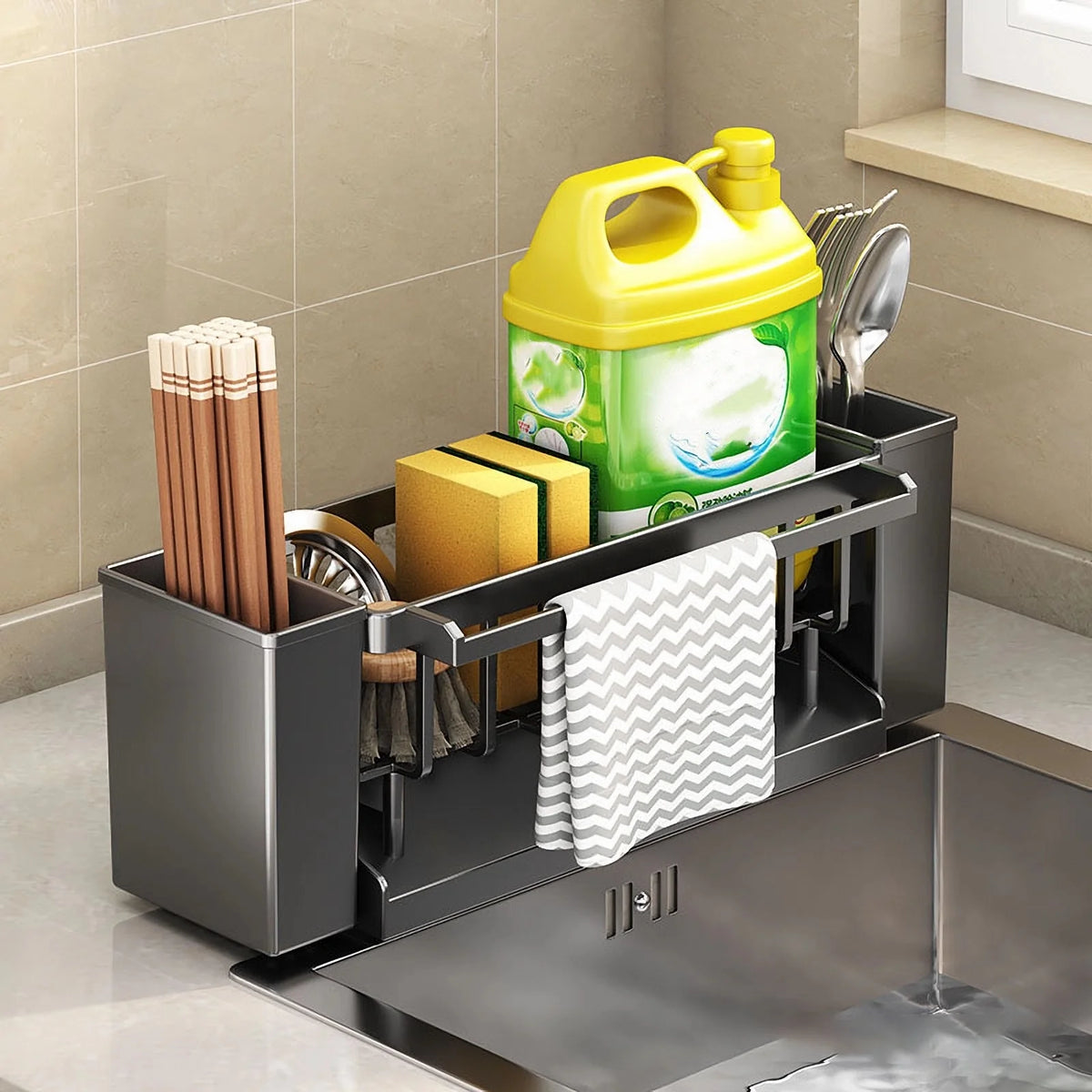 Kitchen Sink Organiser,Kitchen Sponge Holder With Brush Holder,Rag Drain Rack, Bathroom Organizer, Sink Faucet Rack