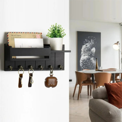 Rustic Wooden Wall Shelf with 6 Hooks