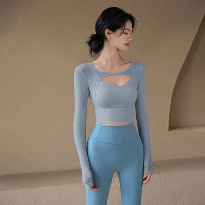 Women's Hollow-Out Long Sleeve Yoga Top with Chest Pad